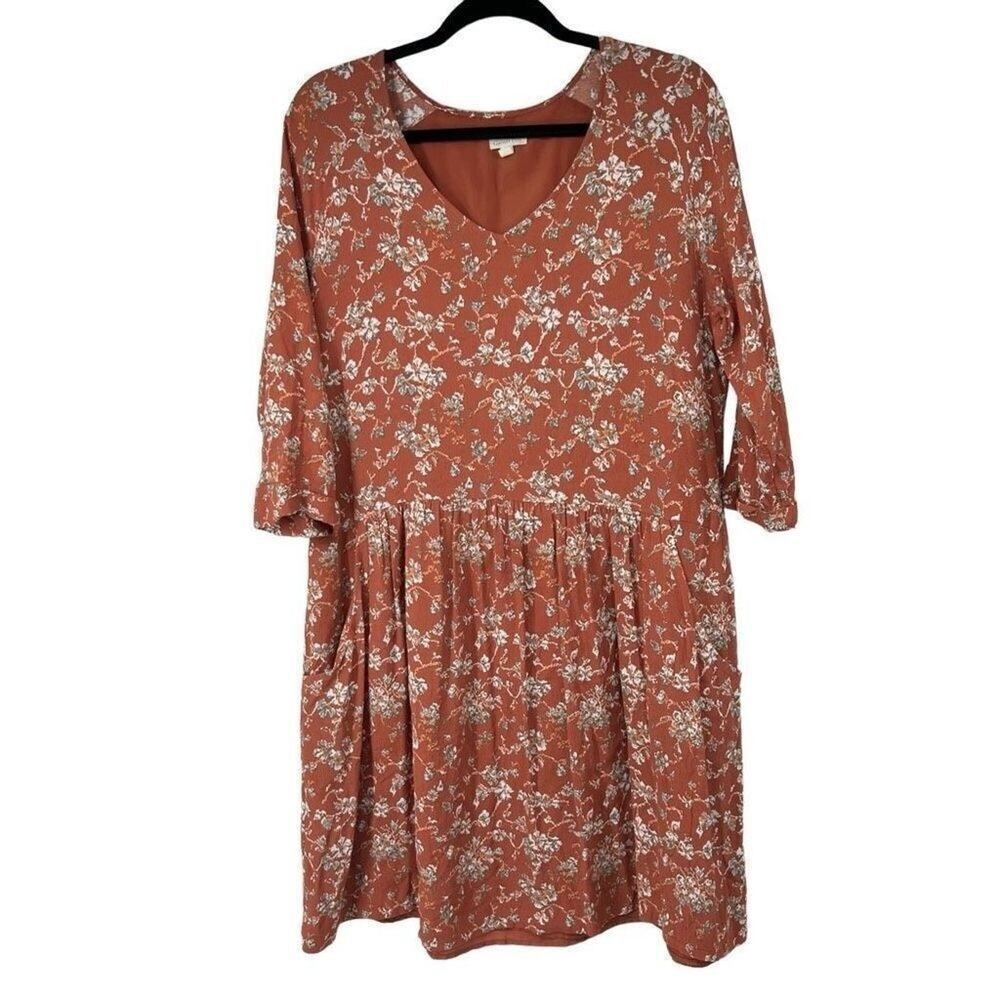 Garnet Hill Floral V Neck 3/4‎ Sleeve Fit Flare Knee Length Dress Pockets